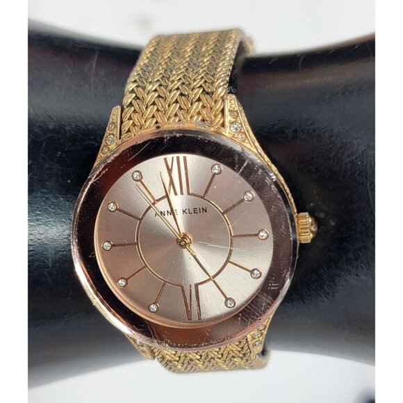 Anne Klein Premium Mesh Crystal Watch Quartz Rose Gold Tone 5.5" 30mm Dial